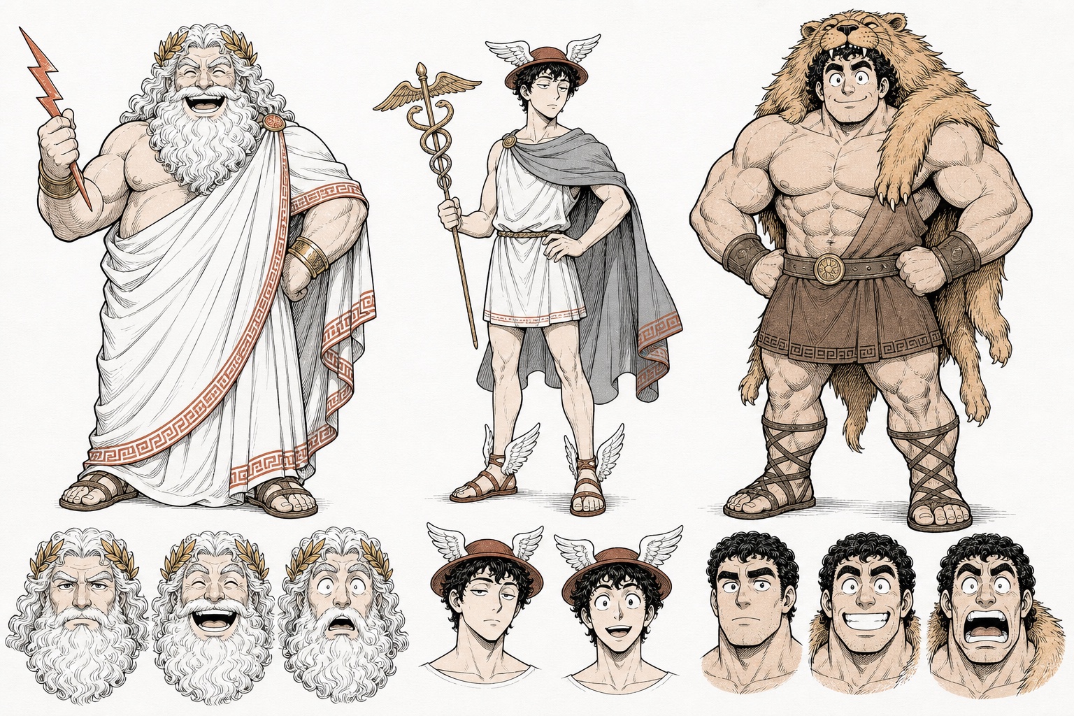 Zeus holding a lightning bolt, Hermes with his winged hat, and Hercules wearing a lion skin, drawn as comic characters.
